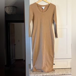 Express Tricot camel tan dress, slit up back, slightly stretchy, size M